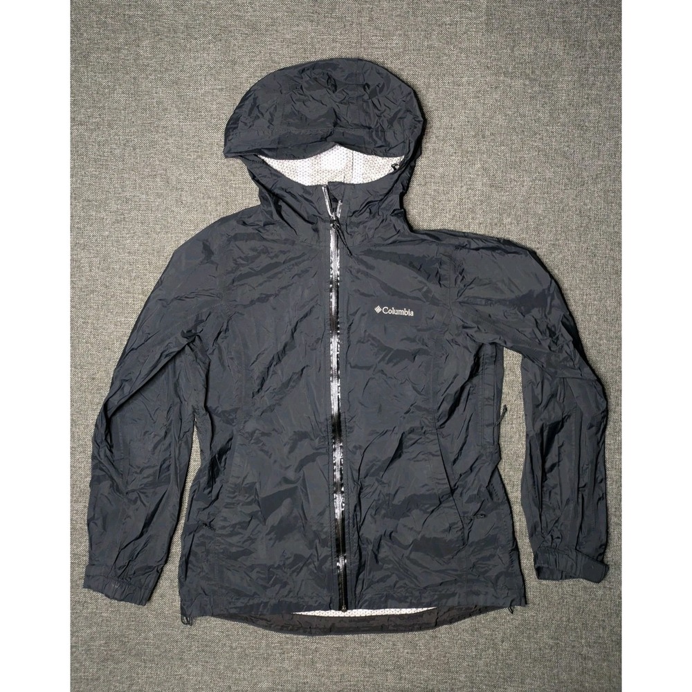 Columbia Black Hooded Packable Windbreaker Rain Jacket Women's Size Large Coat